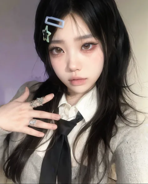 hay una mujer con auriculares y corbata, cruel korean gothic girl, ulzzang, 1 7 year old anime gothic girl, con cabello largo y ojos penetrantes,  anime en la vida real, El estilo de Junji Ito, con ojos esclerales negros, 1 7 year old gothic girl, pale got...