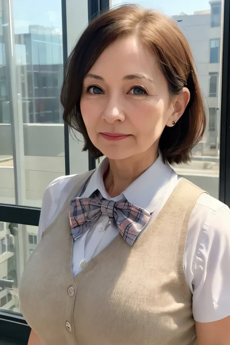 1 girl, mature woman, vest, bow, photograph, realistic, highest quality, hire, detailed face, office, building from the window, detailed background, diffused sunlight, Depth of bounds written, Bokeh