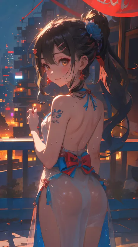 (from behind,back focus:1.4),Dragon and girl,1girl,(Miyu Edelfelt),loli,cameltoe,black hair,brown eyes,seductive smile,solo,big ass,tail,colored skin,tatto on back, jewelry, dress,bare thigh,necklace, bangs, hair ornament, bare shoulders, side ponytail, ha...