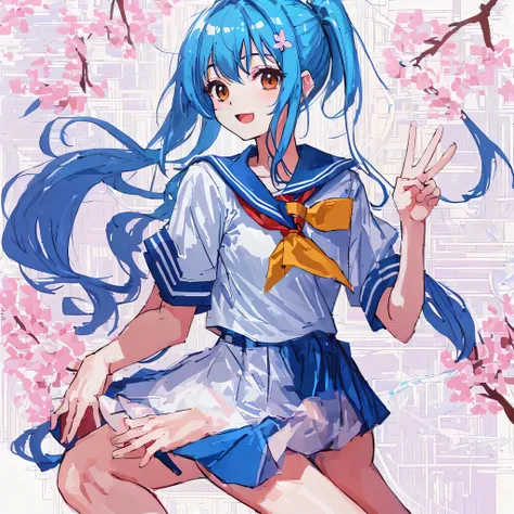 Super detailed,masterpiece, highest quality,shape,sailor suit,slanted eyes,straight hair,blue hair,side part,super dense skin,beautiful and detailed eyes,short sleeve shirt,brown eyes,(medium breasts:1.1), (A raised and well-defined bust:1.1), (lifted ches...