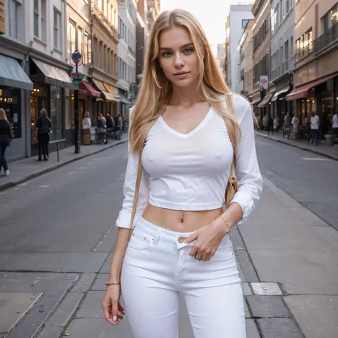 beautiful model named Anna, 25 years, blonde, pose in the city, Hips, golden hour, super detailed, photorealistic:1.4, ultra high resolution, wears a white shirt and skinny jeans, Sharp Focus, Detailing skin pores, carry a handbag