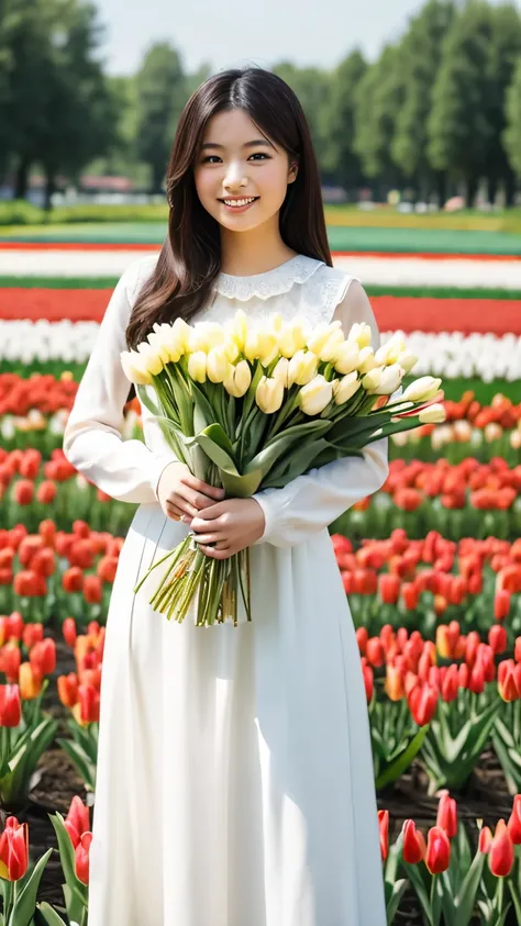 an asian girl is wearing beautiful long-armed white dress and holding a bunch of tulips. She is standing in front of tulips fields in netherlands.