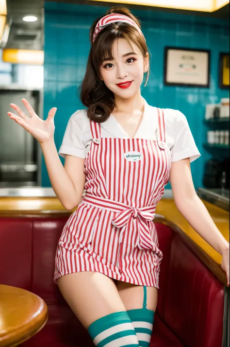 (((fifties style striped pattern waitress costume))),(((idol pose))),(((bare inner thigh)))),(((pastel colored socks pumps))),ulzzang-6500-v1.1, (Raw photo:1.2), (Photo realistic:1.4), a beautiful detailed girl, extremely detailed eye and face, beautiful d...