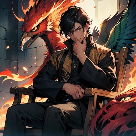 Perfect face, 30y chocolate brown tanned skin male zombie, black hair, souls:0.1, lignhening:0.2, one-eyed, sitting next a single red peacock like bird Phoenix blazing in fire , contemplation, dark tones, two-dimensional, comics, masterpiece rich details, ...