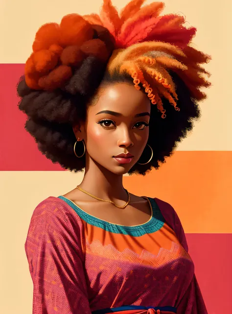 An illustration of an African American woman with natural hair, no estilo de Ross Tran, rosa e laranja, Jessica Drossin, estampas em negrito, Miguel Malm, ousado, mas gracioso, traditional bold —ar 2:3 - em 5