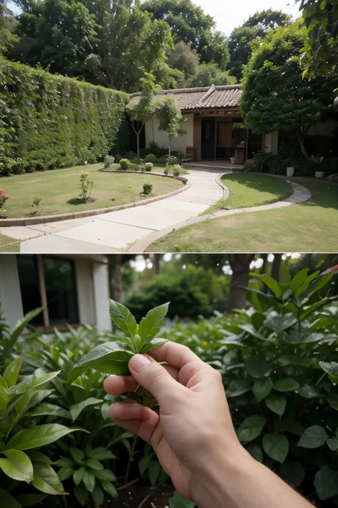 Um jardineiro fazendo podas nas plantas de um lindo jardim, jaridm mais realista, plantas mais vistosas e realistas e o jardineiro trabalhando
