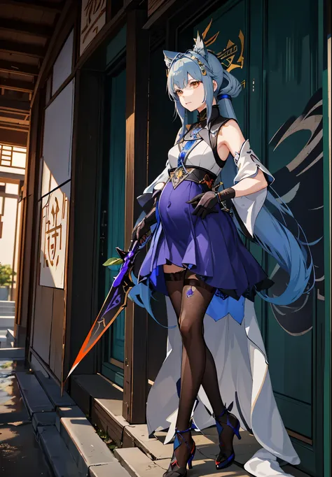 a woman in a dress holding a dagger and a dagger, video game character, from arknights, fox nobushi holding a dagger, hajime yatate, keqing from genshin impact, blue haired deity, with small sword, ayaka genshin impact, female action anime girl, official c...