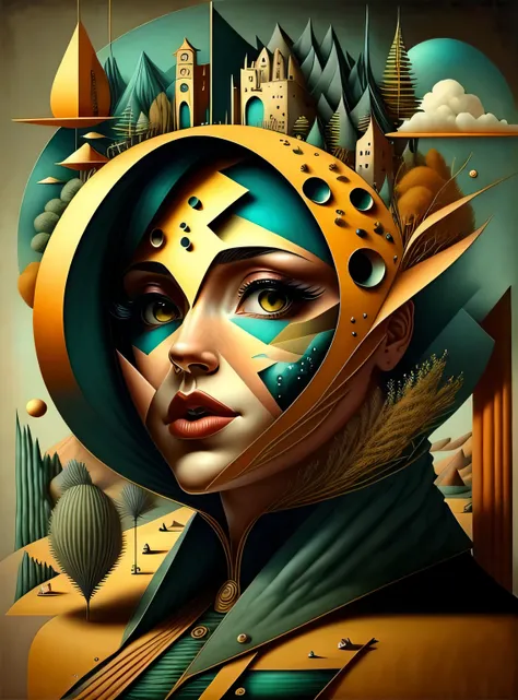 Crie uma pintura que combine os estilos do surrealismo, Modernismo, cubismo, and art deco, with influences of constructivism and minimalism. The painting must be a representation of the artist&#39;s interpretation of the world., using a combination of abst...