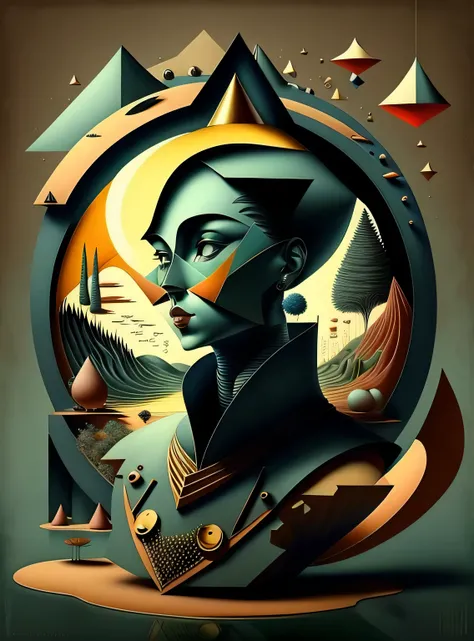 Crie uma pintura que combine os estilos do surrealismo, Modernismo, cubismo, and art deco, with influences of constructivism and minimalism. The painting must be a representation of the artist&#39;s interpretation of the world., using a combination of abst...