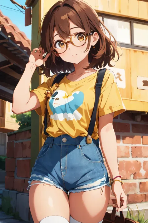 Brown-haired anime girl exuding charm in a yellow T-shirt and denim shorts with suspenders, accessorized with glasses. The quintessential embodiment of cuteness and intelligence. Meticulously crafted with a focus on intricate details, this stunning 2D illu...