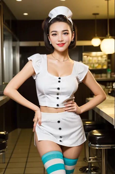 (((fifties style striped pattern waitress costume))),(((dancing))),(((bare inner thigh))),(((pastel colored socks pumps))),ulzzang-6500-v1.1, (Raw photo:1.2), (Photo realistic:1.4), a beautiful detailed girl, extremely detailed eye and face, beautiful deta...