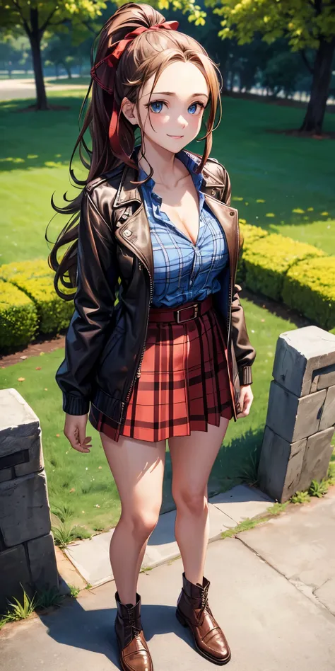 1girl, full body, solo, village, trees, flowers, brown hair, long hair, curly hair, ponytail, forehead, large breasts, button down shirt, ((worn out shirt)), blue eyes, ((blue checked shirt)), ((unbuttoned shirt)), cleavage 1:3, ((opened brown zipper jacke...