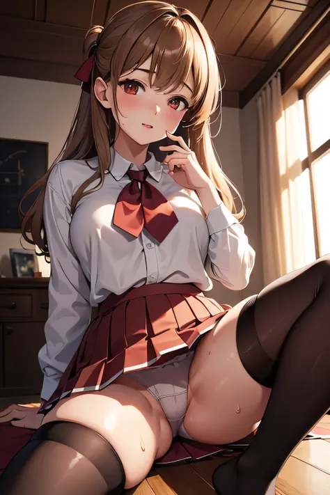 ((4K, masterpiece, highest quality)), 1 girl, anime, Light brown SHRT hair, red eyes, medium breasts, cute, blush, Sweat,pleated skirt, underwear, spread your legs, Thighhighs, Thighhighs