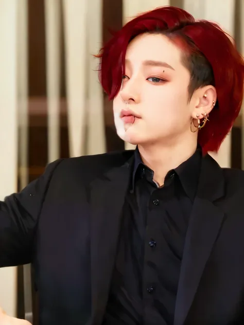 arafed male with red hair and piercings on Lower lip and left eyebrow, sitting in a chair, cai xukun, jungkook, hyung tae, wearing a black and red suit, hong june hyung, inspired by Kim Deuk-sin, jia, crimson red hair and red eyes, jinyoung shin, with red ...