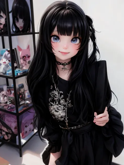 masterpiece, best quality, a close up of a cute girl smiling with long black hair and a black shirt, cruel korean goth girl, 1 7 - year - old anime goth girl, black hime cut hair, goth girl aesthetic, she has black hair with bangs, 1 7 - year - old goth gi...