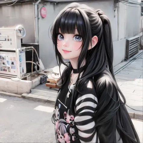 masterpiece, best quality, a cute girl smiling with black hair and a striped shirt standing on the street, 1 7 - year - old anime goth girl, black hime cut hair, she has black hair with bangs, goth girl, 1 7 - year - old goth girl, cruel korean goth girl, ...