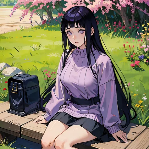 anime character, hinata hyuga, purple sweater, mini skirt, portrait, sitting in the park, realistic light and shadow, natural, v...