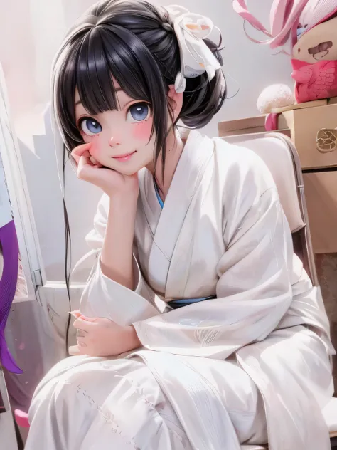 masterpiece, best quality, a cute girl smiling sitting on a chair with her hand on her chin, white hime cut hairstyle, in kimono, black hime cut hair, white hanfu, sui ishida with black hair, shikamimi, 奈良美智, kotegawa yui, wearing white silk robe, the hime...