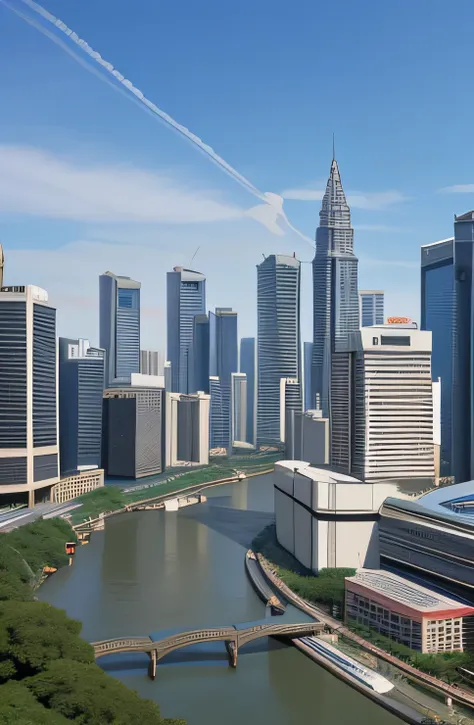 A tourist destination that combines modern and old buildings、Intersecting terrain with river and bridge visible、There are no people、kuala lumpur、Yokohama、Bangkok、noon、Consists of precise lines and surfaces、４Ｋ、A building without failure