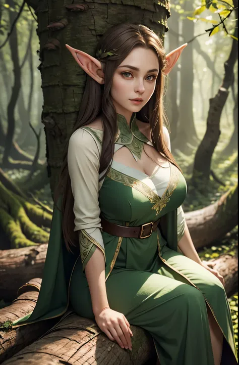 a beautiful female elf, long silky light brown hair, elf ears, almond-shaped eyes, thin lips, round face, huge breasts, sitting ...