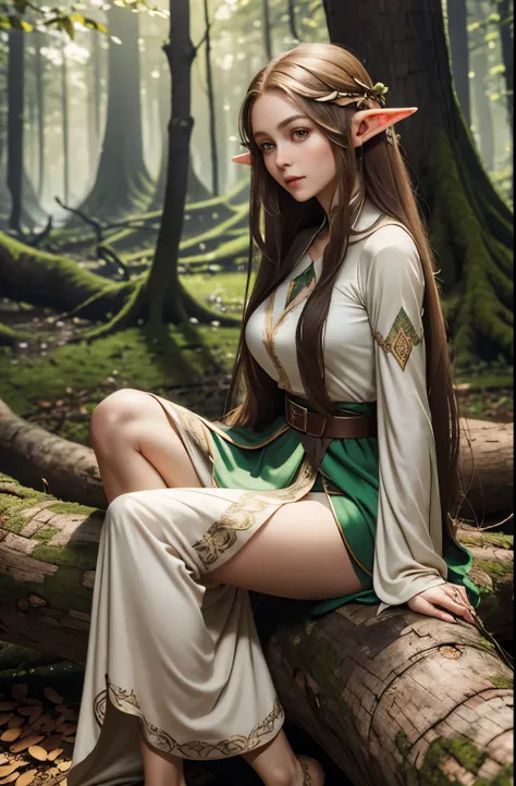 a beautiful female elf, long silky light brown hair, elf ears, almond-shaped eyes, thin lips, round face, huge breasts, sitting ...