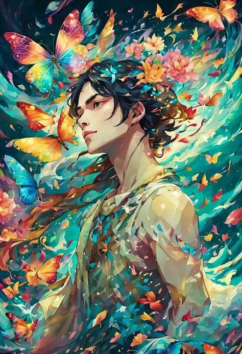 (masterpiece, highest quality:1.2),Windの精霊,male:17 years old:perfect face,dance,butterfly々,flower,Wind,effect,become familiar with,magic effect,light,すごくlight, artistic, artist, color art, Use of magic,fancy,fantasy,beautiful,最高masterpiece,masterpiece,Spar...