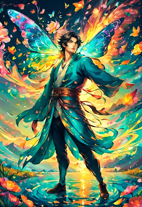 (masterpiece, highest quality:1.2),Windの精霊,male:17 years old:perfect face,dance,butterfly々,flower,Wind,effect,become familiar with,magic effect,light,すごくlight, artistic, artist, color art, Use of magic,fancy,fantasy,beautiful,最高masterpiece,masterpiece,Spar...