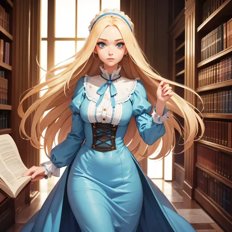 (1girl) ((Masterpiece)) ((High Quality)) ((Perfect Face)) ((Blue Eyes)) ((Beautiful)) ((Young Woman)) ((Long Hair)) ((Blonde Hair)) ((Light Skin)) ((Slender Figure)) ((sun dress)) ((Button Nose)) ((Victorian Library)) ((Expressive Eyes)) ((Happy))