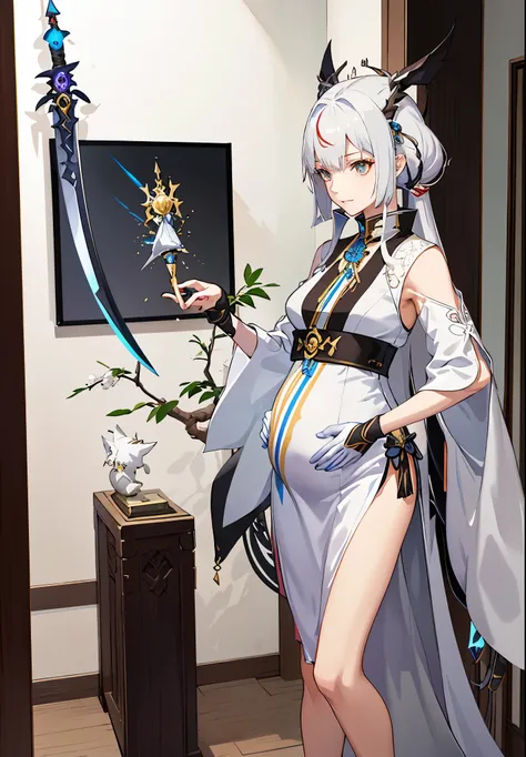 a woman in a dress holding a dagger and a dagger, video game character, from arknights, fox nobushi holding a dagger, hajime yatate, keqing from genshin impact, white haired deity, with small sword, ayaka genshin impact, female action anime girl, official ...