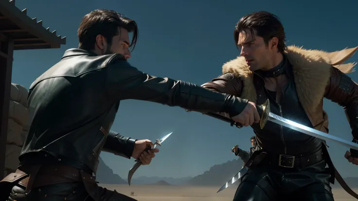 two men in leather jackets are fighting with swords in a desert, dramatic cinematic action shot, cinematic action shot, cinematic mid shot fight, action scene from the film, sword fight, cinematic battle, epic action scene, cinematic action scene, still fr...