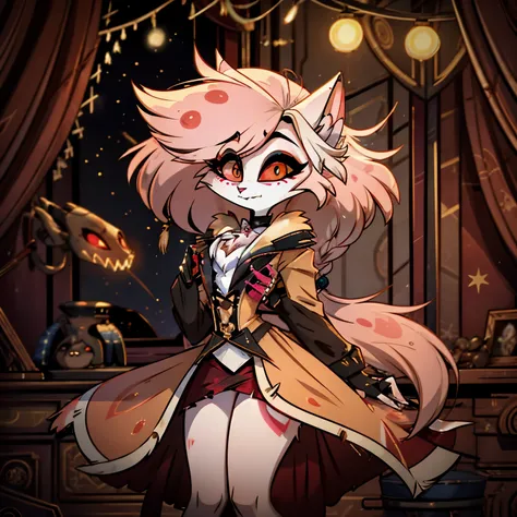 In the solitary realm of Hazbin Hotel, a captivating feminine Havana cat demon is the sole character, distinguished by her stunning features. Adorned in a coat of rich brown fur, her captivating eyes shimmer with a golden hue. Embracing the 80s fashion wit...