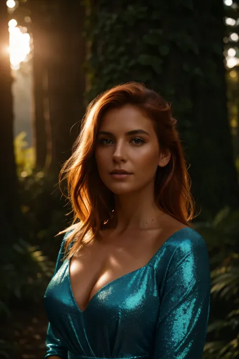 close-up of a mystical gardens of an ancient castle, under the expanse of a starry sky, stands the majestically beautiful, big breasted tanned 55-year-old American orange-haired in light sexy loose medieval deep-low-cut ice-blue dress, looking at the camer...