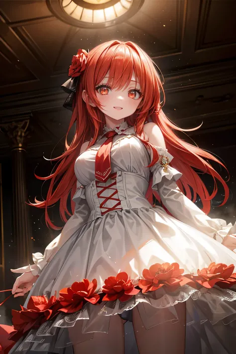 highly detailed, 8k, masterpiece, 1girl, Red tied_hair, dress , crazy_smile, (perfect_face), detailed_background, full_body, bloom,(beautiful lighting:1.3), caustics, dynamic lighting, from_below 