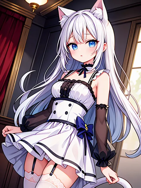 masterpiece, {{{{Highest quality}}}}, beautiful,1 girl, White_hair, cat ears(White), cat tail(White), frilled choker、miniskirt_dress, bare_shoulders, garter belt,garter straps