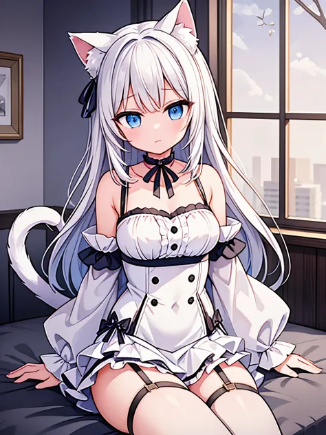 masterpiece, {{{{Highest quality}}}}, beautiful,1 girl, White_hair, cat ears(White), cat tail(White), frilled choker、miniskirt_dress, bare_shoulders, garter belt,garter straps