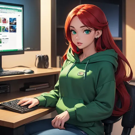 (1girl) ((Masterpiece)) ((High Quality)) ((Perfect Face)) ((Emerald Green Eyes)) ((Beautiful)) ((Young Woman)) ((Gamer)) ((Long Hair)) ((Red Hair)) ((Light Skin)) ((Full Lips)) ((Black Hoodie)) ((Blue Jeans)) ((Button Nose)) ((Sitting at computer desk)) ((...