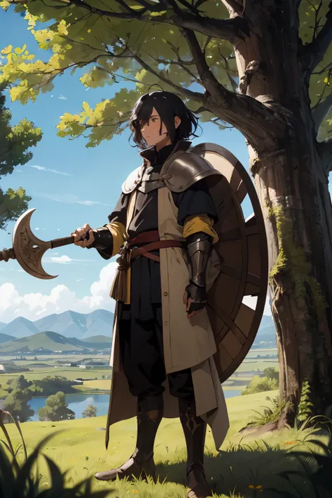 joven de cabello negro con rulos. usa armadura medieval. mago. mira hacia el horizonte dando la espalda. He holds in his hand a brown staff with a yellow end.. esta en el claro de un bosque. estilo anime. medieval.