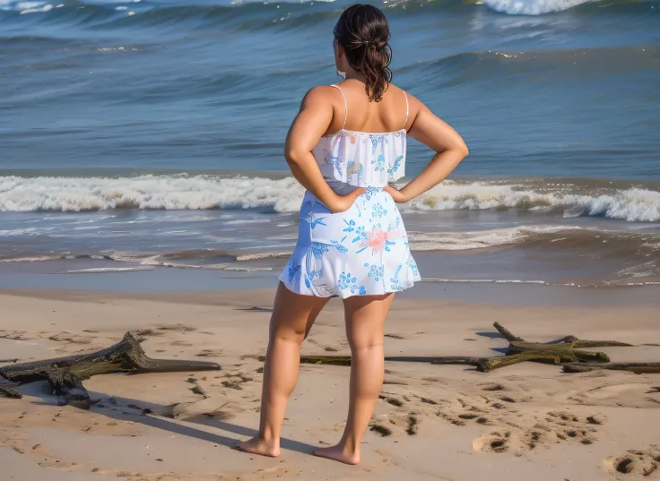 woman standing on the beach looking at the ocean, tiro de volta, de volta - tiro, seen from back, tiro pelas costas, back view, usando um vestido curto branco molhado, parado na praia, posando em uma praia com o oceano, vista traseira, standing near the be...