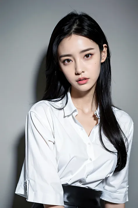 highest quality,masterpiece,(Available light:1.2),(realistic:1.2),1 girl,alone,black eye,long black hair,white shirt,(Half body:1.2),