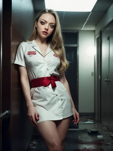 Amanda SEYFRIED beautiful blonde face and full body, 1solo, Shes hiding from something thats chasing her, Wet white blouse unbuttoned, White uniform smeared with blood and torn, dressed to seduce, ultra realistic and detailed photography, best quality, rea...