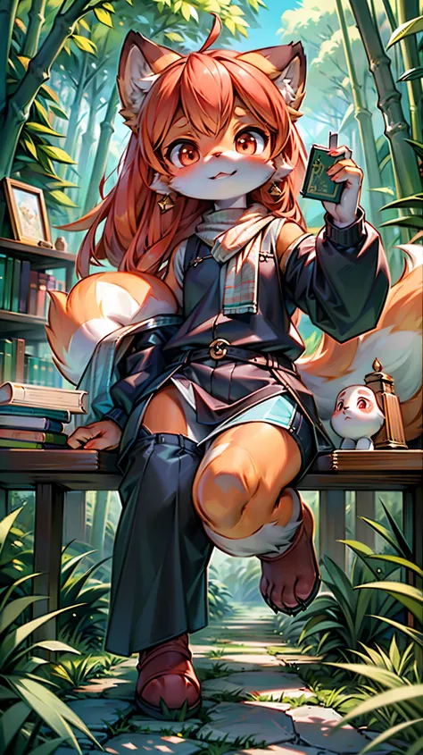 Cartoon style red panda character, Features exaggerated and thick dark circles, In the quiet and comfortable bamboo forest library scene, Holding an open book in one hand and reading, The other hand is concentrating on playing Go, Show a leisurely and inte...