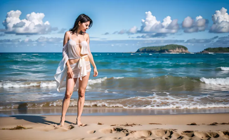 There is a woman na praia looking at the water, standing na praia, na praia, posing em uma praia with the ocean, foto de praia, vestindo uma capa branca de praia, usando um vestido havaiano, no mar, standing em uma praia, em uma praia, tiro largo de corpo ...