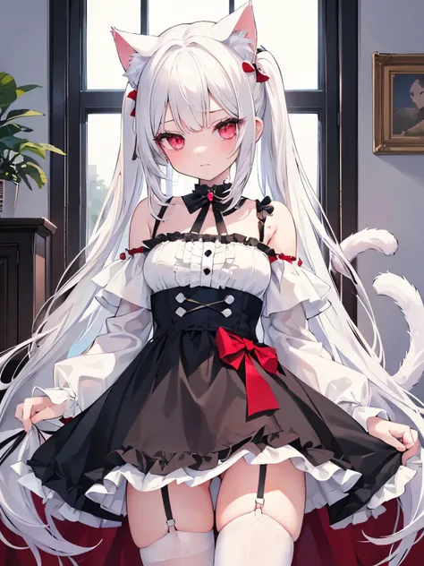 masterpiece, {{{{Highest quality}}}}, beautiful,1 girl, White_hair, red_eyes, eyes like rubies, Jewel eyes, cat ears(White), cat tail(White), frilled choker、miniskirt_dress, bare_shoulders, garter belt,garter straps