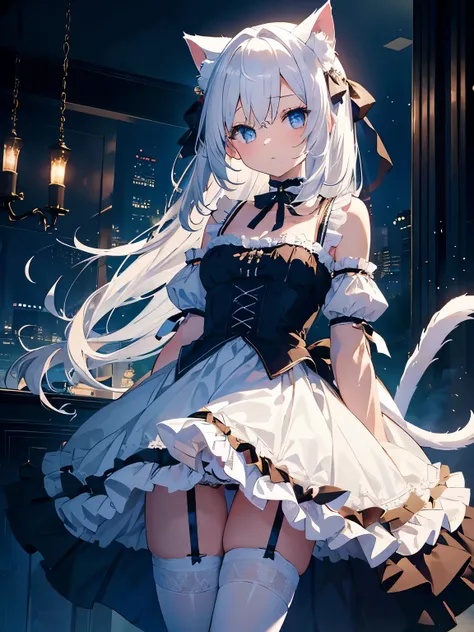 masterpiece, {{{{Highest quality}}}}, beautiful,1 girl, White_hair, cat ears(White), cat tail(White), frilled choker、miniskirt_dress, bare_shoulders, garter belt,garter straps