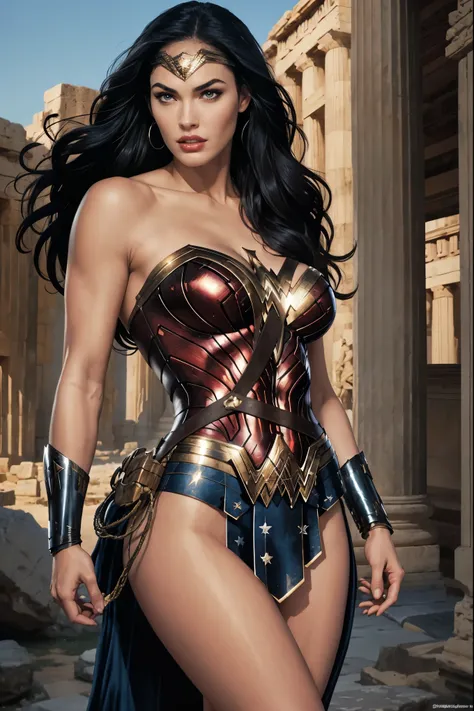 art image of megan fox as wonder woman, busty, beautiful, black hair, large breasts, ancient athens background, by louis royo, b...