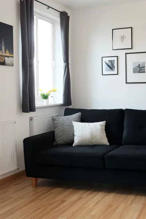 a nice flat with a black sofa