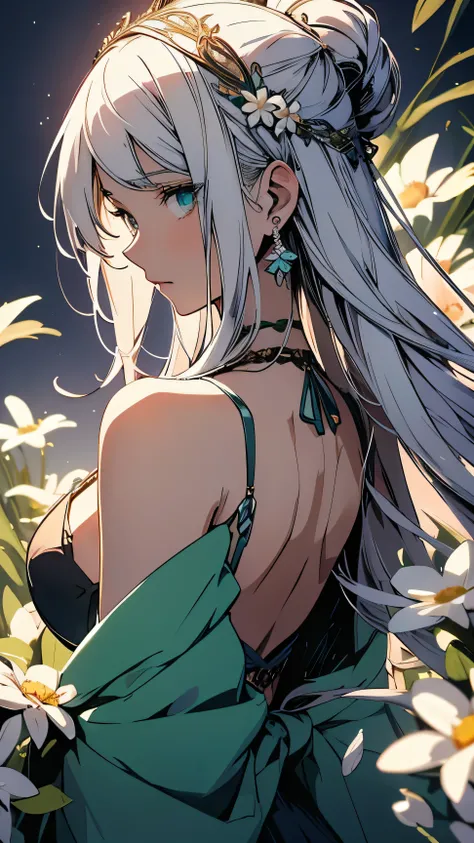 a movie still, anime aesthetic, anime, 1girl, a stunning and elegant anime portrait of a white-haired lady adorned with intricate flowers in her hair, inspired by the ethereal beauty of nature and the enchanting anime art style,  this image should capture ...