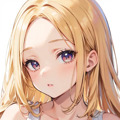 A girl, pretty face, face close up, blonde hair, hazel eyes, innocent, long hair, happy, white tank top, no accessories, large forehead, plump lips, pink lipstick, feminine, defined lips, wink