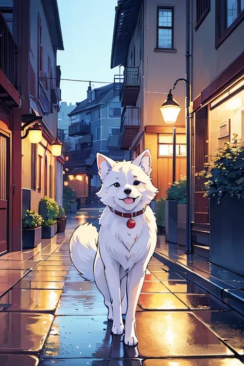 in this exquisite 16k resolution artwork, a charming canine named max takes a leisurely stroll down a rain-soaked street, his ri...