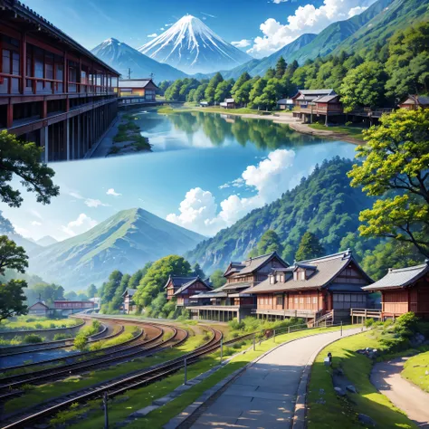 a beautiful illustration art of the railway station in japan small village, tree and mountain